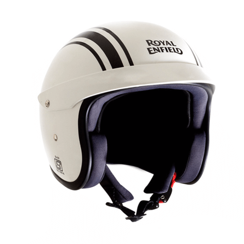 Photo produit d'un casque de moto blanc et noir de marque Royal Enfield.